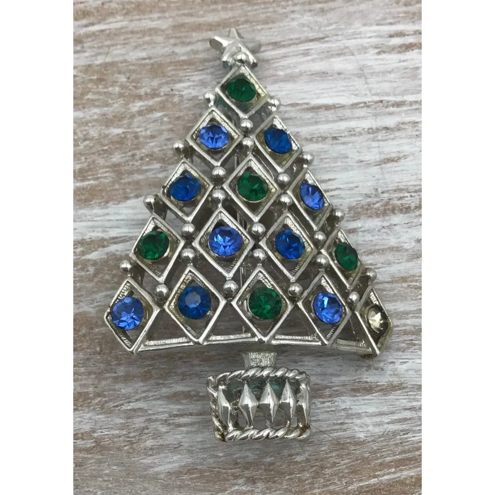 VTG Eisenberg Ice Christmas Brooch Rhinestone Silver Tree & Gold Glitter Snowman